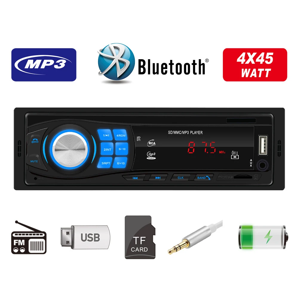 

1 DIN автомобильный стереоприемник с одним Bluetooth, FM-радио, mp3-плеер, USB AD, AUX IN