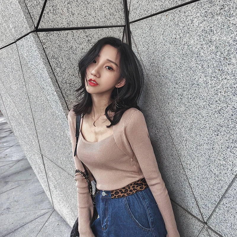 Nude Black Solid Casual Basic Top Square Neck Ribbed Knit Long Sleeve Tee Autumn Party Modern Lady Women Tshirt And B-104 | Женская