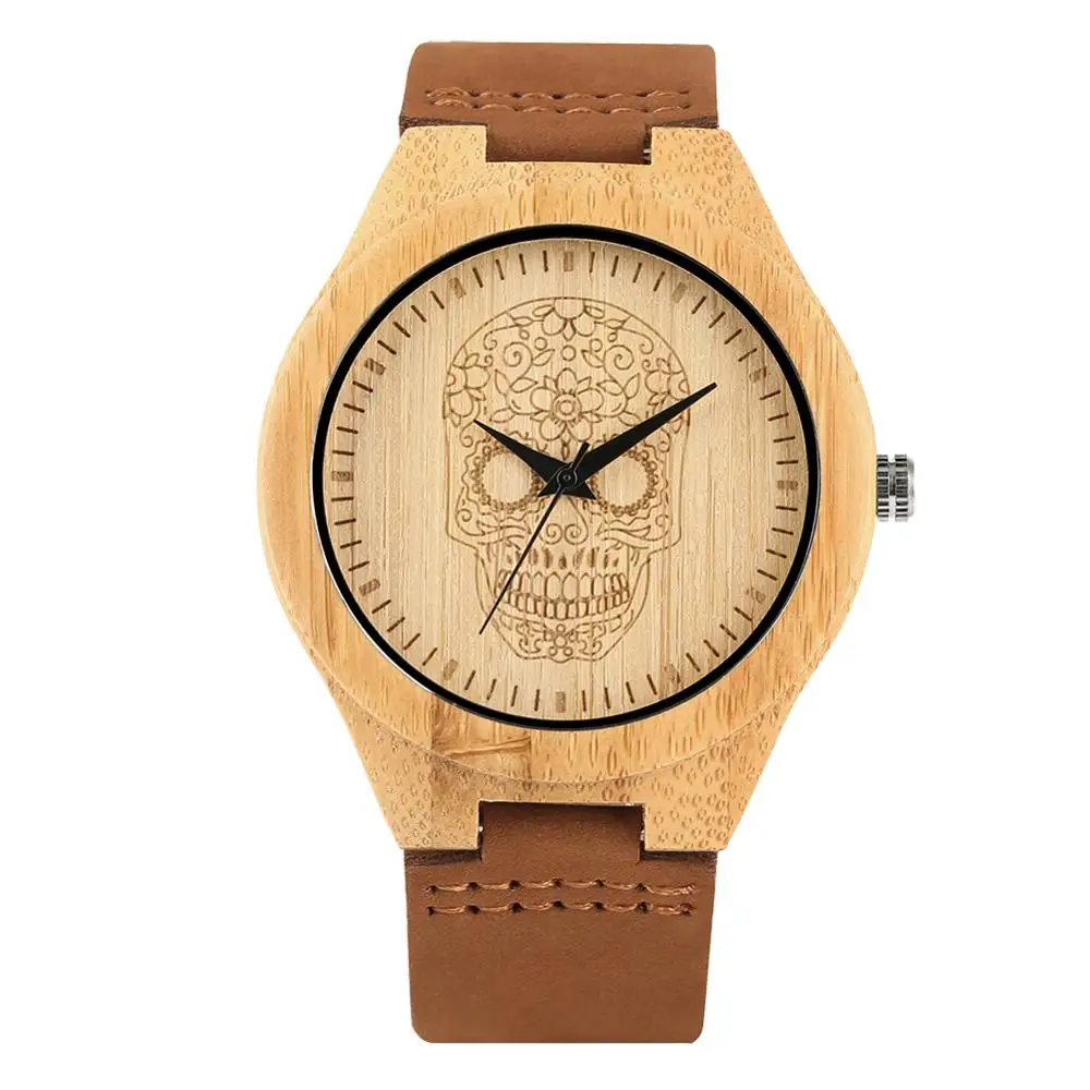 

Skull Dial Wooden Men's Watches Quartz Simple Bamboo Watch Man Genuine Leather Strap Men Clock Hour with Box Christmas Gift Male