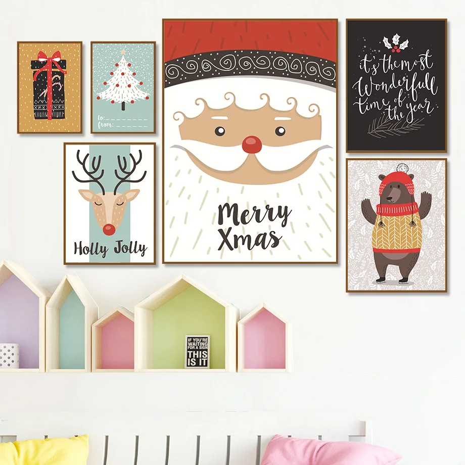 

Merry Christmas Wall Art Poster Santa Snow Tree and Deer Animal Modern Canvas Painting Picture Christmas Gift Home Decor Mural