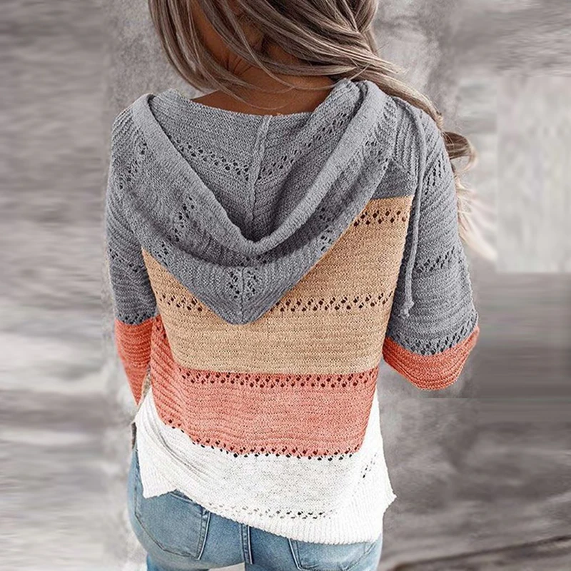 

Long Sleeve Knitted Sweater Autumn Casual V Neck Patchwork Hooded Sweater Women Top Winter Striped Pullover Women Jumpers 11663