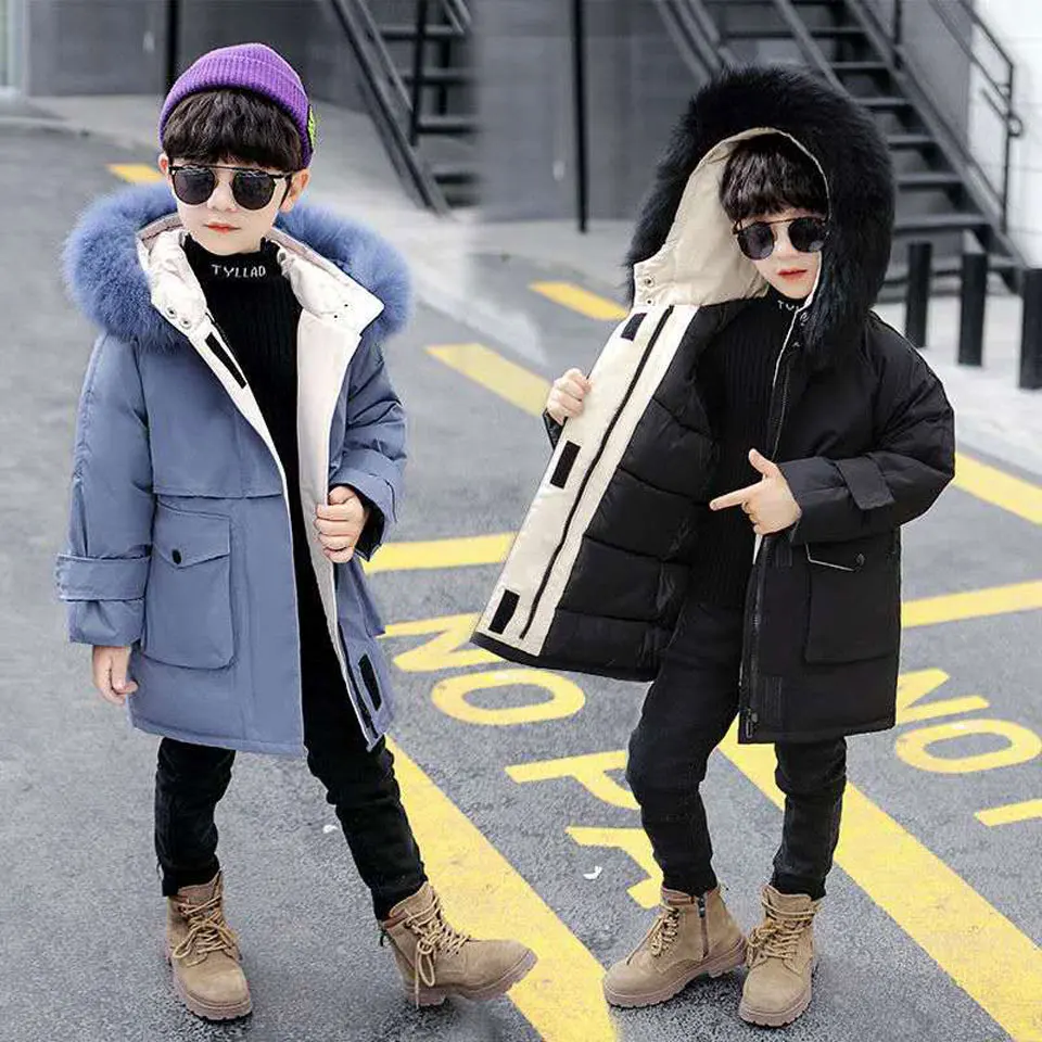 Купи 2 Colors Winter Thicken Jacket Fur Hooded Warm Children Boys Winter Coat 4-13Years Kids Teenage Down Cotton Parkas Outerwear за 1,713 рублей в магазине AliExpress