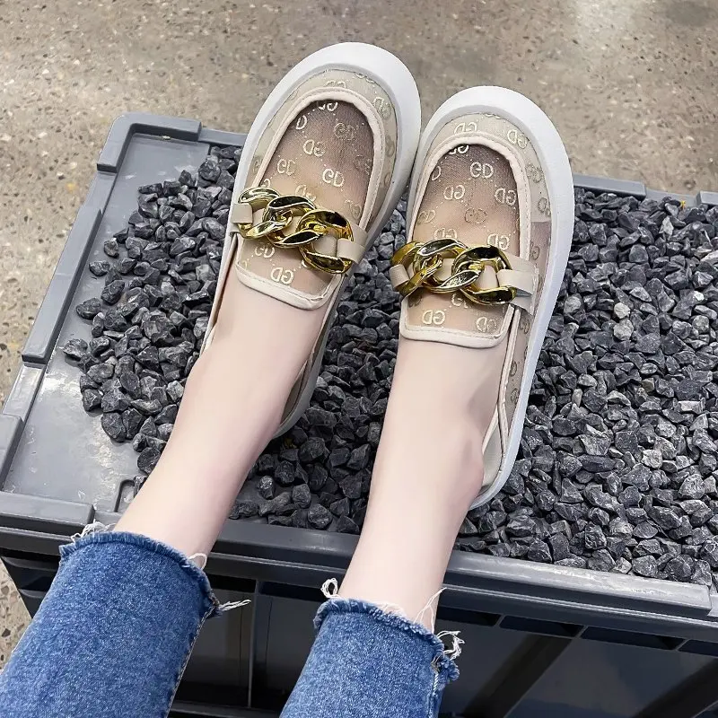 

Flat Platform Shoes Luxury Brand Shoes for Women Fashion Metal Chain Slip-on Flats Ladies Summer Mesh Loafers Zapatos De Mujer
