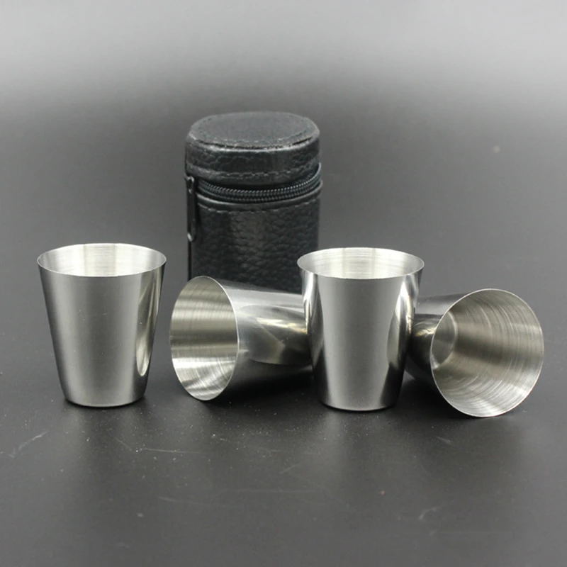 

4 Pcs Polished 30ML Mini Stainless Steel Liqueur Glass Shot Glass Cups Wine Beer Whiskey Cup Leather Cover Bag Set