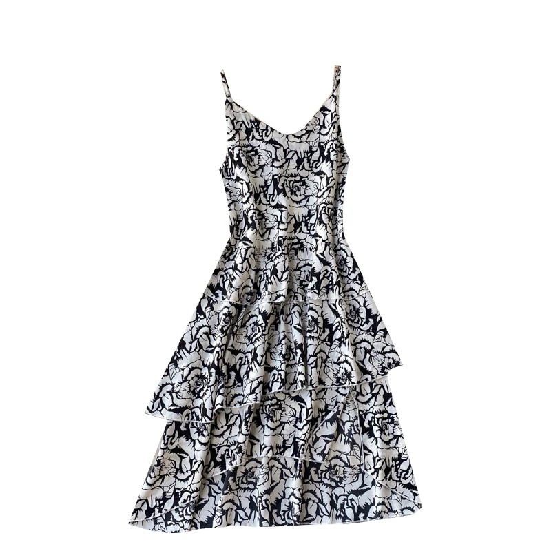 

Retro Printed Sling Vestidos Women's Summer Dress 2021 New Sexy V-neck Ruffled Backless Slim Midi Holiday Dress GK814