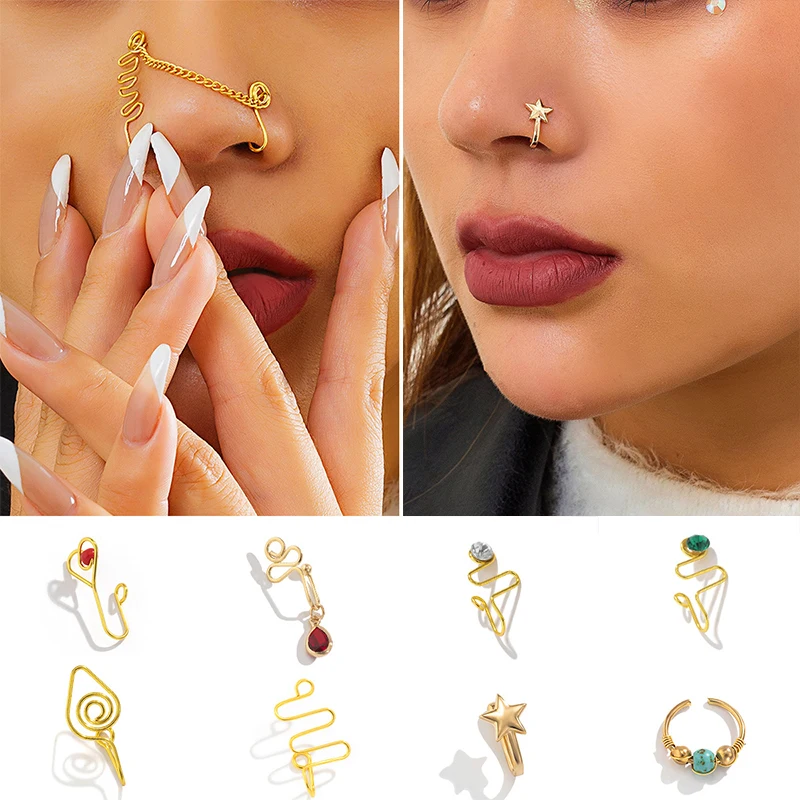 

1Pc Fake Nose Ring Hoop Septum Rings C Clip Lip Ring Earring for Women Fake Piercing Body Jewelry Non-Pierced Punk Hip Hop Rock