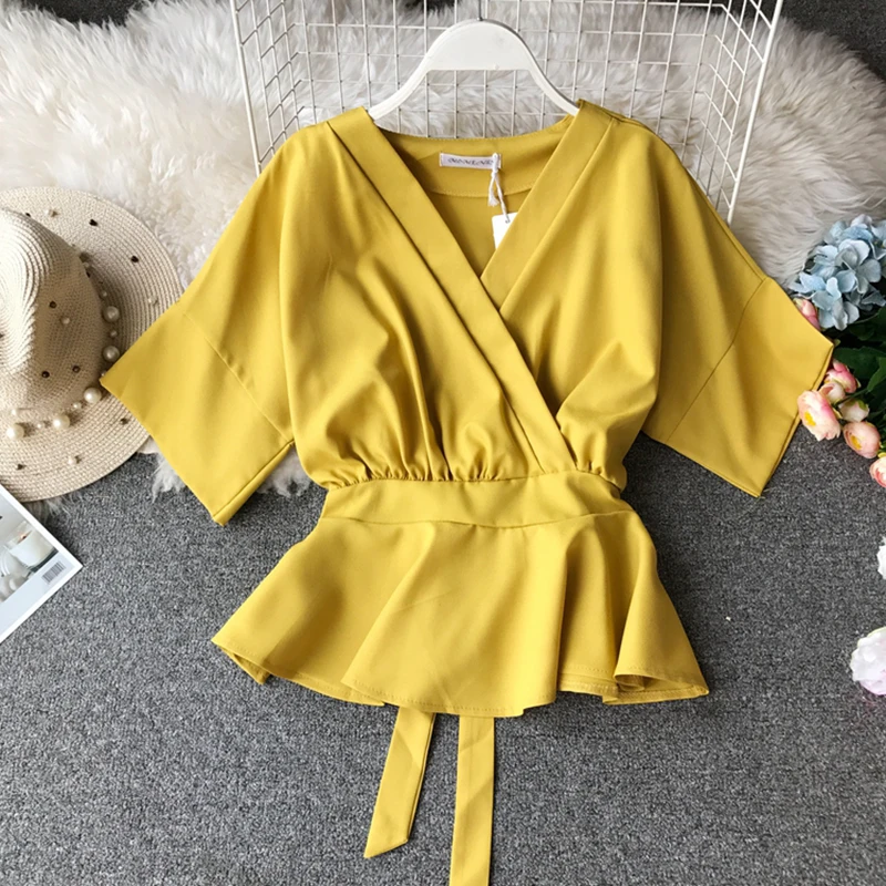 

Женская летняя рубашка с коротким рукавом, новинка 2020, шифоновая рубашка с V-образным вырезом и оборками в стиле интернет-знаменитостей, блу...