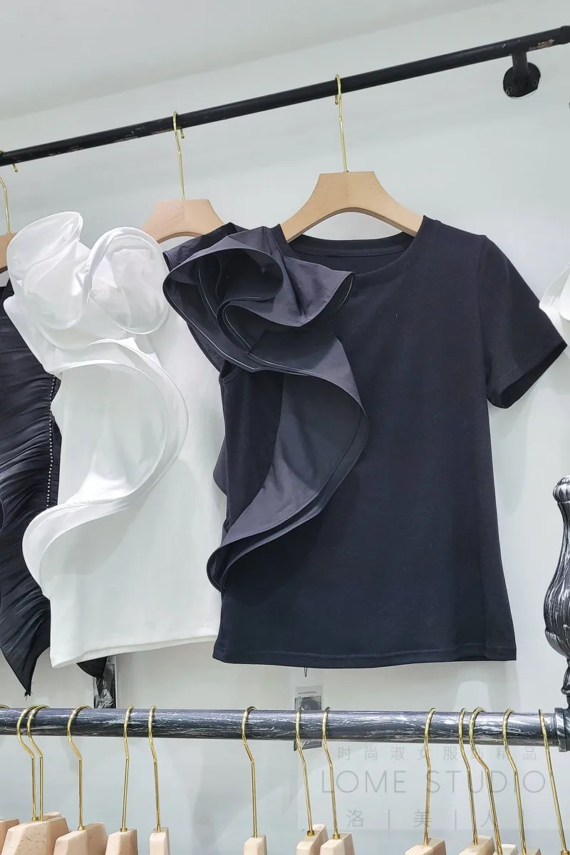 

Women's 2021 Summer Ruffled Stitching Short-Sleeved Cotton T-shirt Loose Solid Color Casual Tee Fashion Elegant New Top