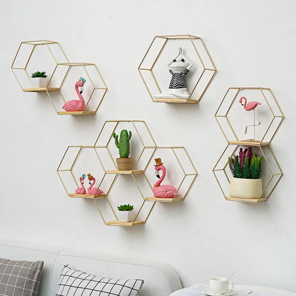 

Iron Storage Holder Wall-mounted Multifunctional Nordic Style Geometric Firm Hexagonal Shelf for Home