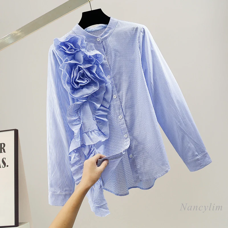 

Fashion Three-Dimensional Flower Ruffled Blouses Women Long-Sleeved Shirt High-End Solid Color Casual Lady Top Blusas