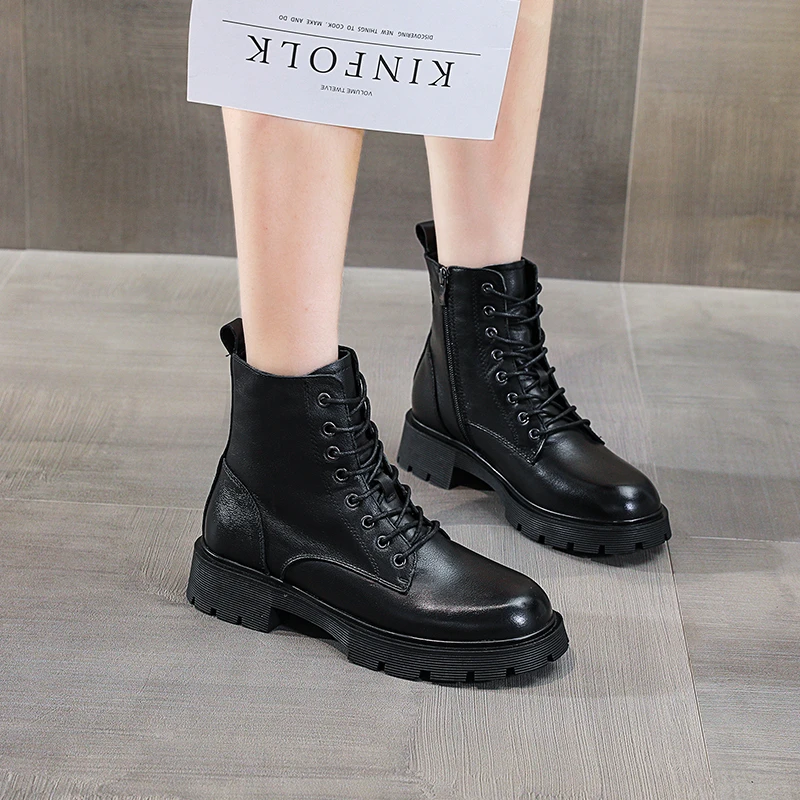 

FEDONAS Genuine Leather Women Ankle Boots Casual Comfortable Thick Heels 2021 Autumn Winter Fashion Cross-Tied Zip Shoes Woman