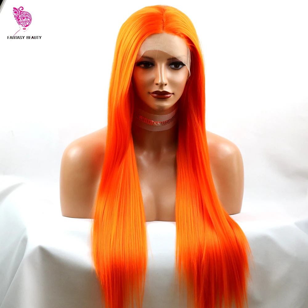 Парики для женщин Длинные прямые парики из синтетических волос оранжевого цвета