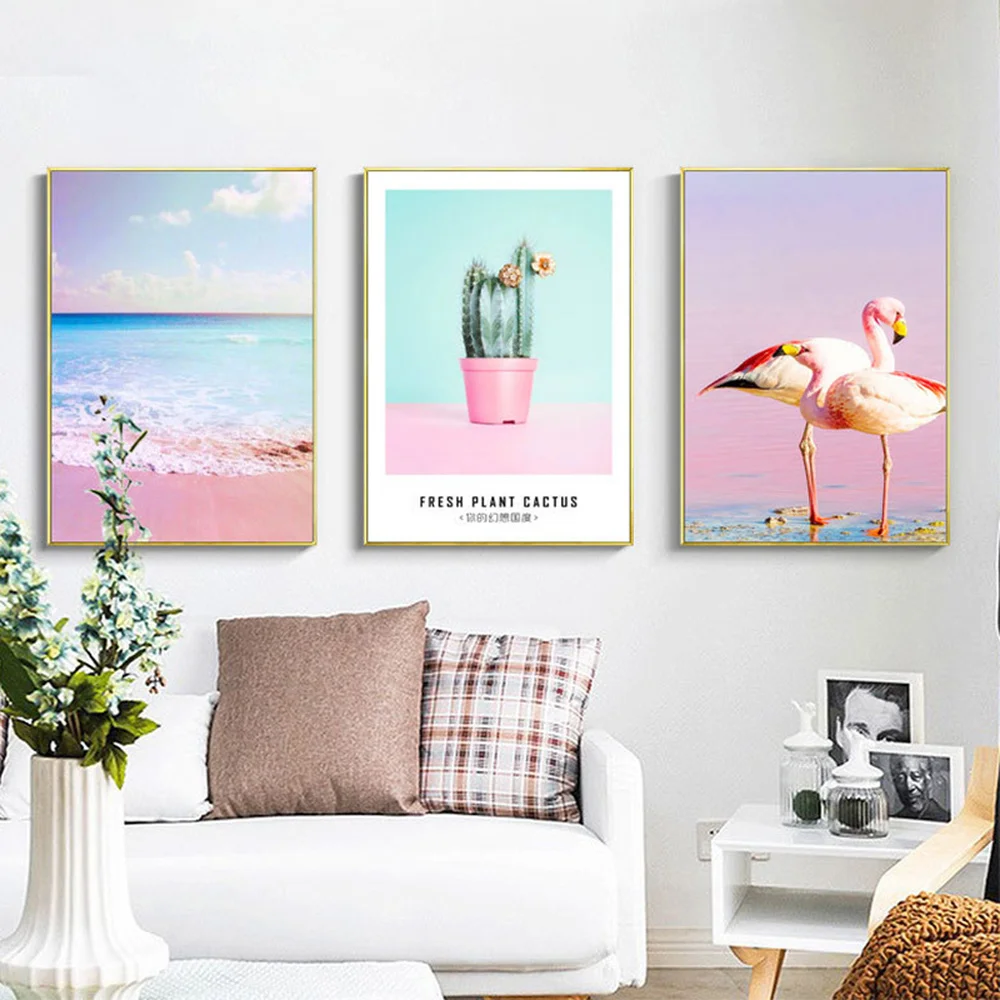 

Simple Ins Pink Decor Painting Nordic FRESH PLANT CACTUS Seaside Landscape Canvas Painting Living Room Wall Poster Picture Mural