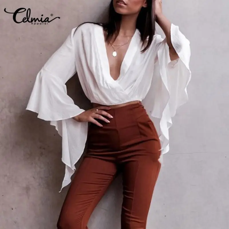 

Celmia Women Sexy Deep V Neck Blouses 2021 Summer Ruffles Shirts Fashion 3/4 Flare Sleeve Short Tops Solid Color Tunic Feminina8