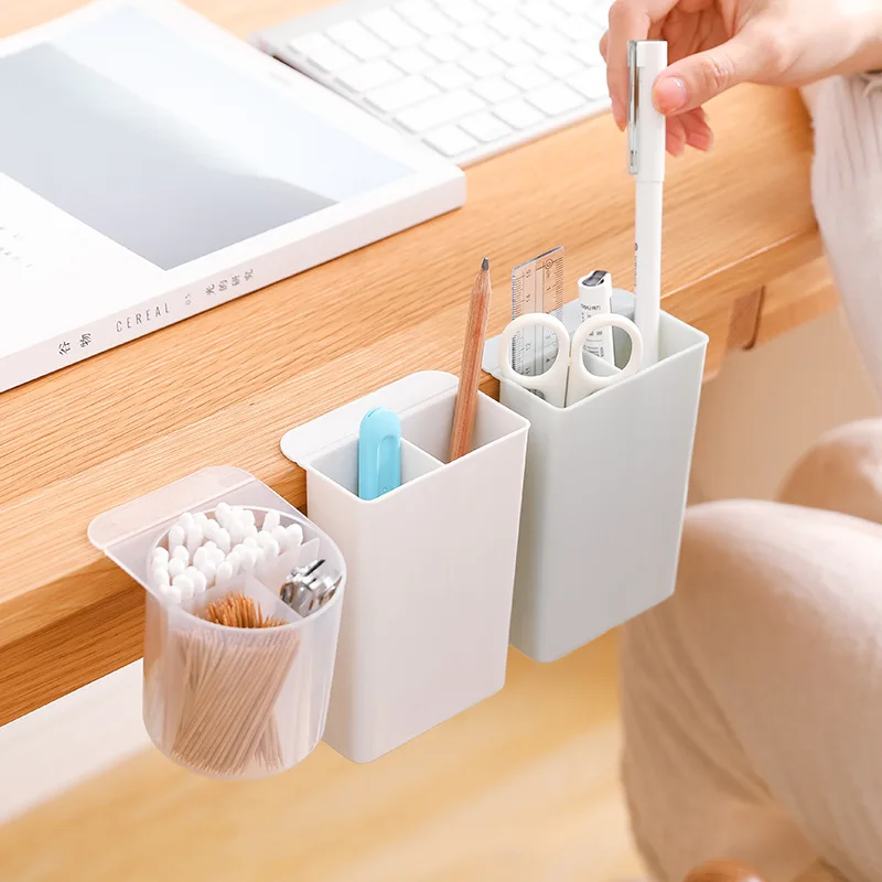 

Pen Box Stick On Desktop Brush Pot Plastic Pen Holder Container Makeup Stationery Storage Home Office