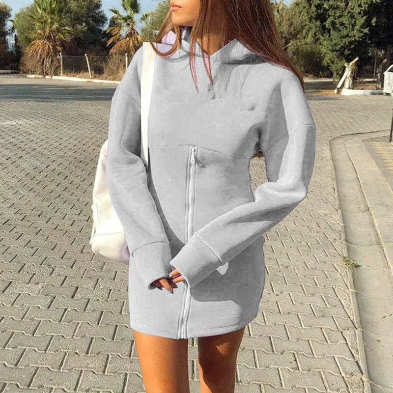 

Zippers Sweatshirt Dress Autumn Long Sleeve Hooded Mini Dresses Female Slim Long Sweatshirts Streetwear Vestidos De Fiesta