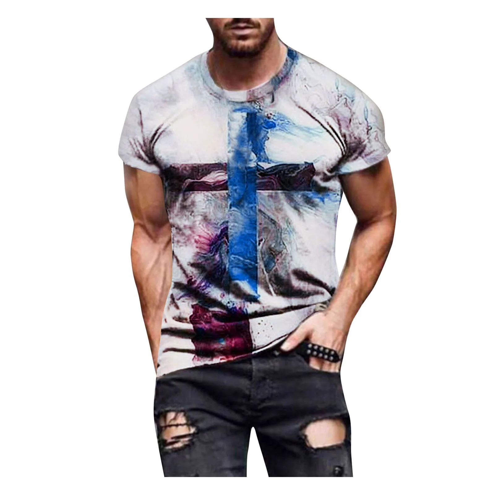 

Men's Street Fashion Casual Cross Print Round Neck Short Sleeve