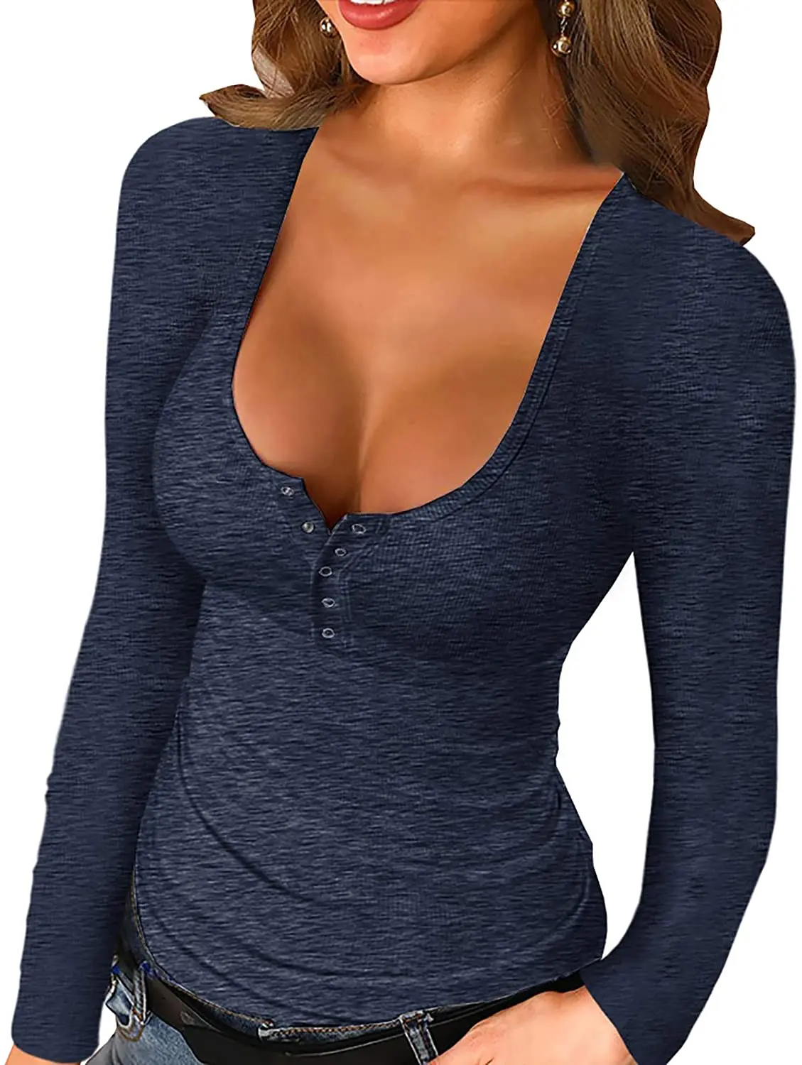 

Women's Solid Color T-Shirt Long Sleeve Sexy Square Collar Buttons Low-Cut Top Ladies Casual Slim Autumn Shirt 210#