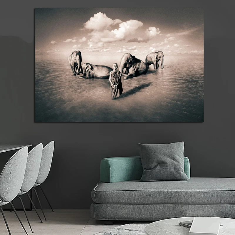 Будда человек и нутива Зен слон религия искусство холст живопись Настенная