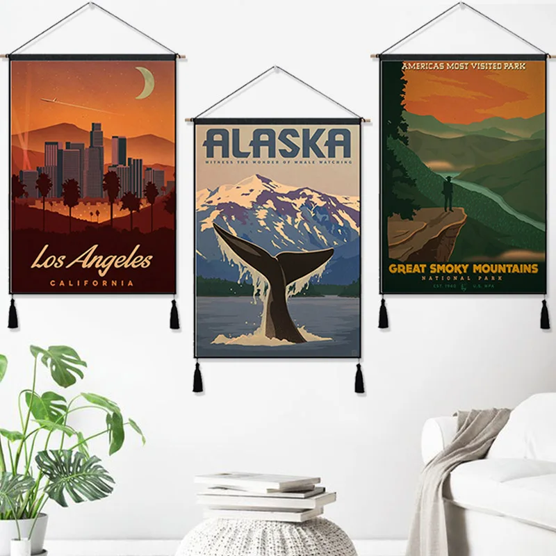 See America Great Smoky Mountains Park Vintage Hanging Cloth Cotton Line Painting Poster Home Decor Wall Tapestry Gift | Дом и сад