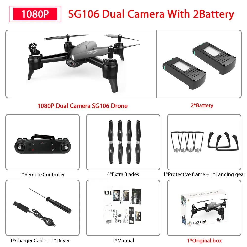 1080P Black SG106 2B SG106 WiFi FPV Радиоуправляемый Дрон с 720P или 1080P или 4K HD двойной камерой оптический поток воздушный видео Радиоуправляемый квадрокоптер для игрушек Детский Радиоуправляемый Дрон - Цвет: 1080P Black SG106 2B