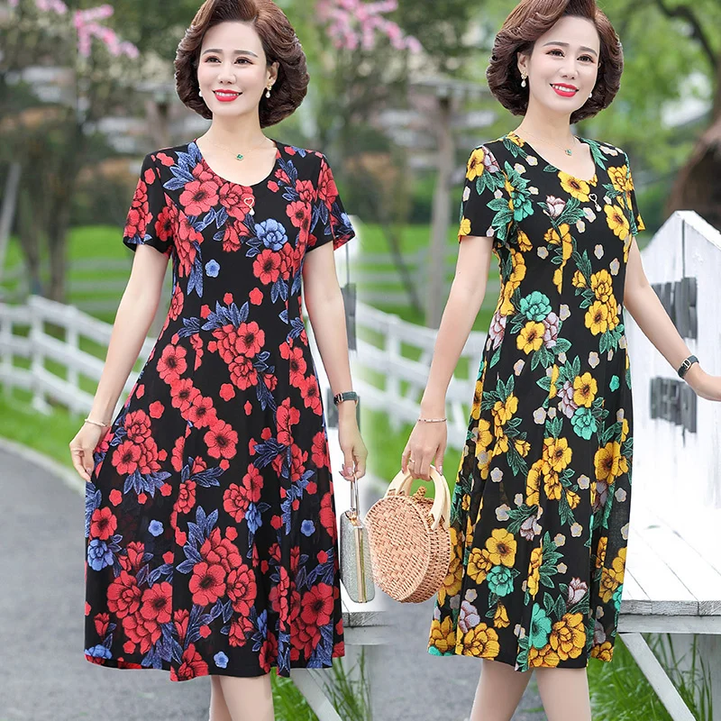 

Women's Short Sleeve O-neck Summer Printed Dress Loose Large Size XL-5XL Mother Dress Mid-length Casual Female Vestidos aq1133