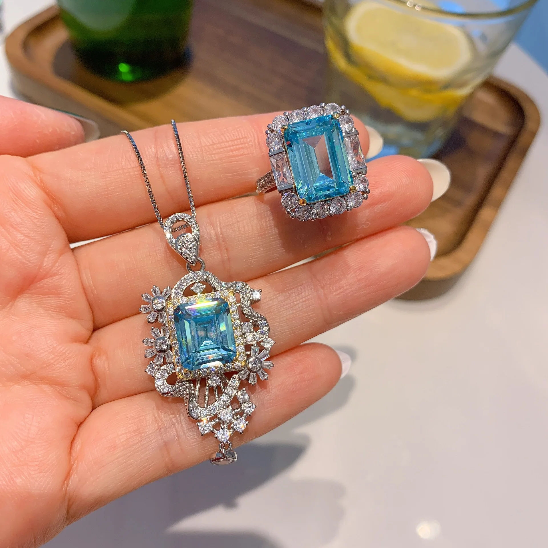 

QTT Luxury Silver Color Jewelry Set Bridal Jewelry Sets Rectangle Cubic Zircon Necklace10*12 Ring10*14 Sets