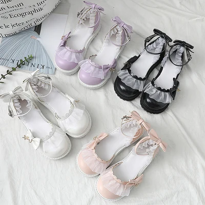 

Flat Heels Cute Lolita JK Shoes Round Head Kawaii Girl Bowknot Lace Lovely Lady Sandal Cosplay Costume Shoes Women