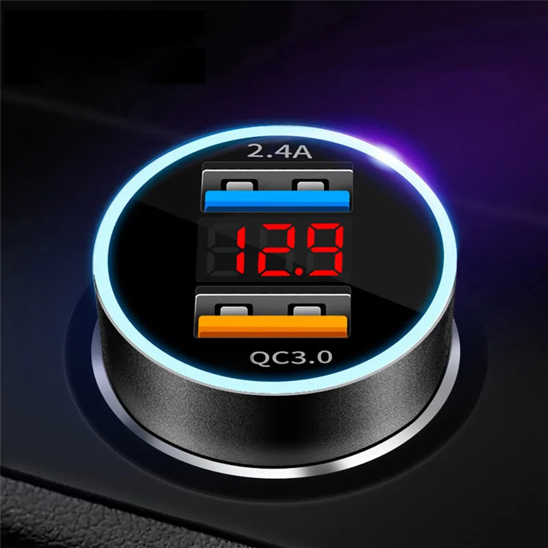 Автомобильное зарядное устройство QC3.0 с двумя USB-портами и цифровым светодиодным