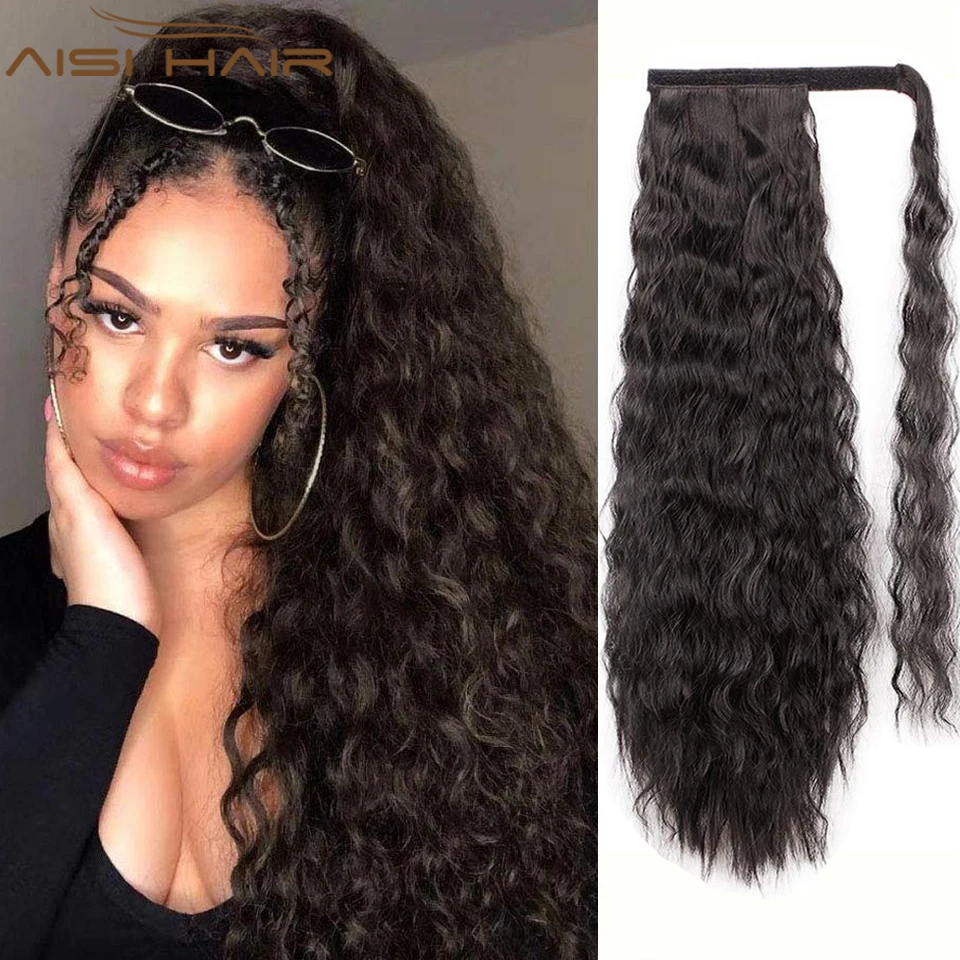 

AISI HAIR Long Wavy Black Synthetic Ponytail Hairpiece Wrap on Clip Hair Extensions Brown Pony Tail for Women Black Fake Hair