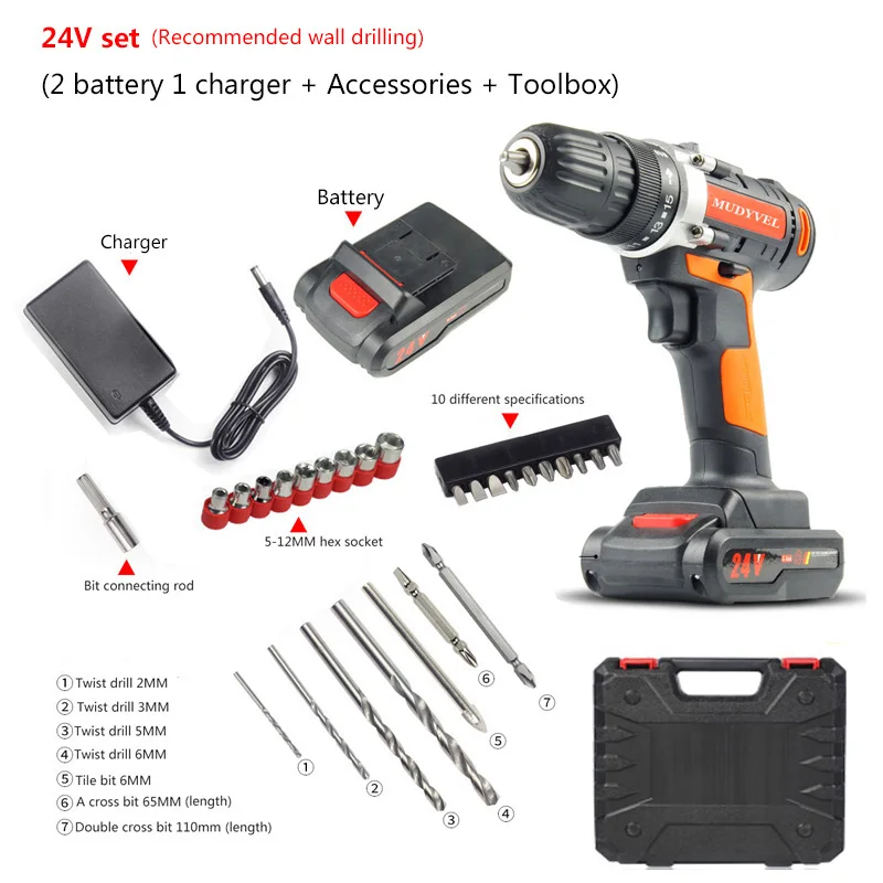 24V set 2 battery Cordless Drill 12V 16.8V 24V Optional 3/8 inch 2 speed Power Tools Flexible shaft Screwdriver Dremel Rechargeable - Цвет: 24V set 2 battery