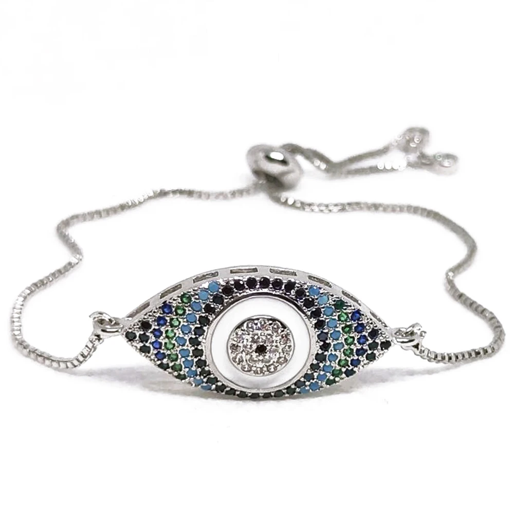 Серебряный браслет греческий глаз для женщин циркониевый синий от сглаза