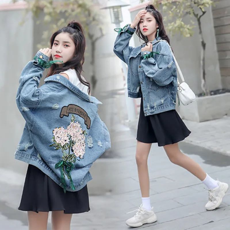2019 New Ladies jacket，Large Size Spring And Autumn Coat， Loose Korean Bf Embroidery Flower Short Denim Clothing Tide CH797 | Женская