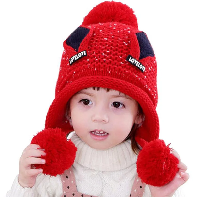 

Doitbest Plus velvet boy Beanies Cat ears wool solid Winter Baby Child knitted hat kids girls Earflap Caps For 2-6 Years old