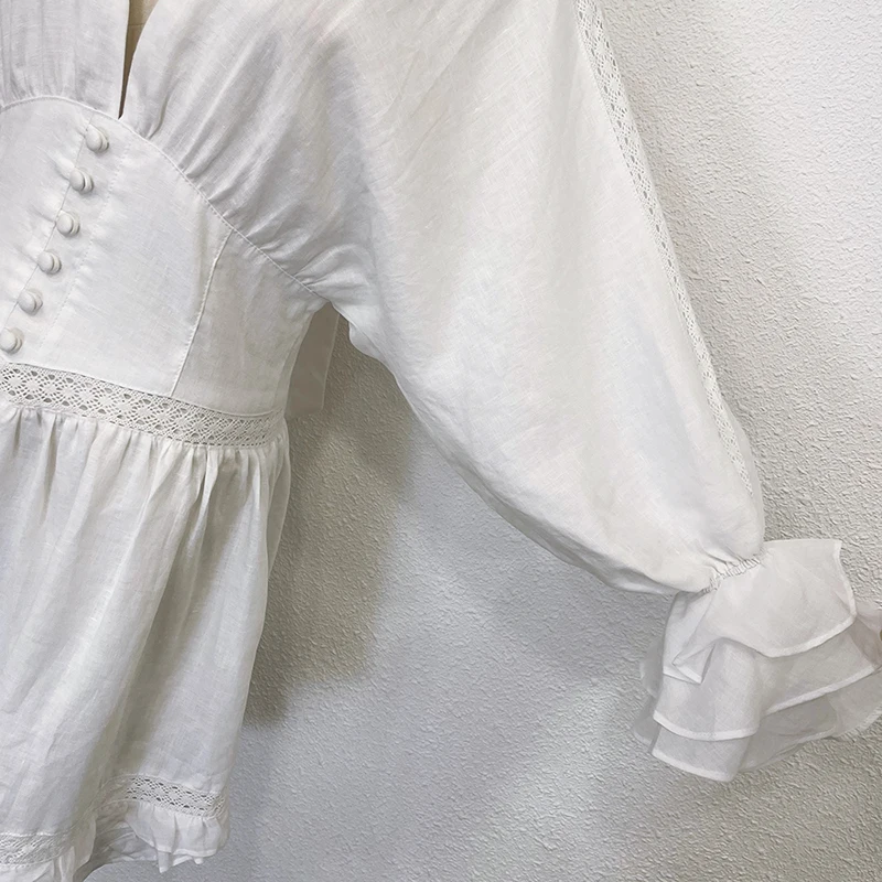 

Spring solid linen V-neck Ruffle long sleeve dress miniskirt