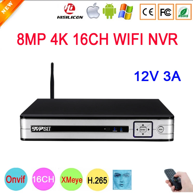 

12V 3A Silver Panel Hi3536E XMeye H.265+ 8MP 4K 16CH 16 Channel Face Detection Max 14TB Onvif WIFI CCTV DVR NVR System