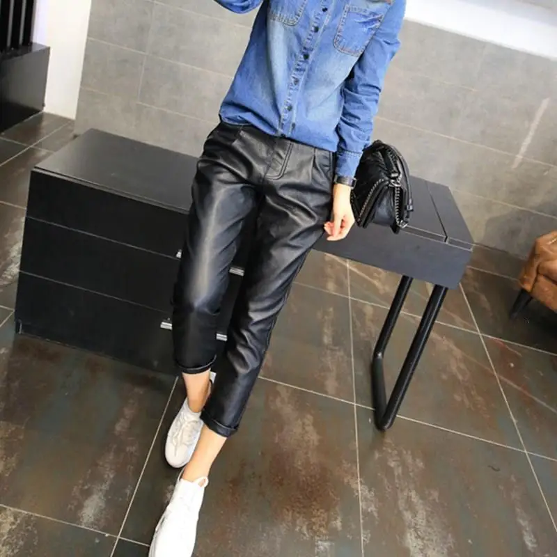 Черные брюки из искусственной кожи женские широкие Pantalon Femme однотонные с высокой