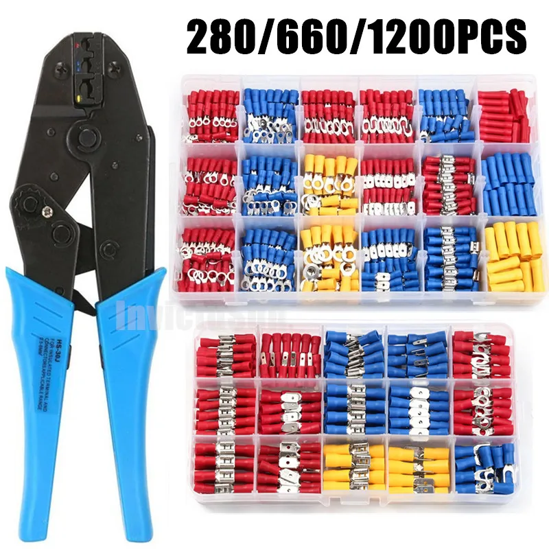 280/660/1200PCS Spade Terminals Insulated Cable Connector Electrical Wire Crimp Butt Ring Fork Set Ring Lugs Rolled Crimp Plier