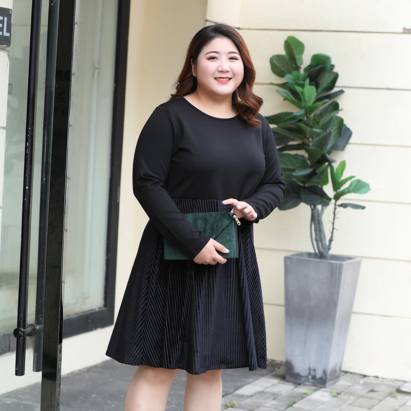 

2020 Casual Dress Plus Size Woman 6XL 7XLBig Size Dress Autumn Summer Black Long Sleeve Pleated Splice Dresses Party Night