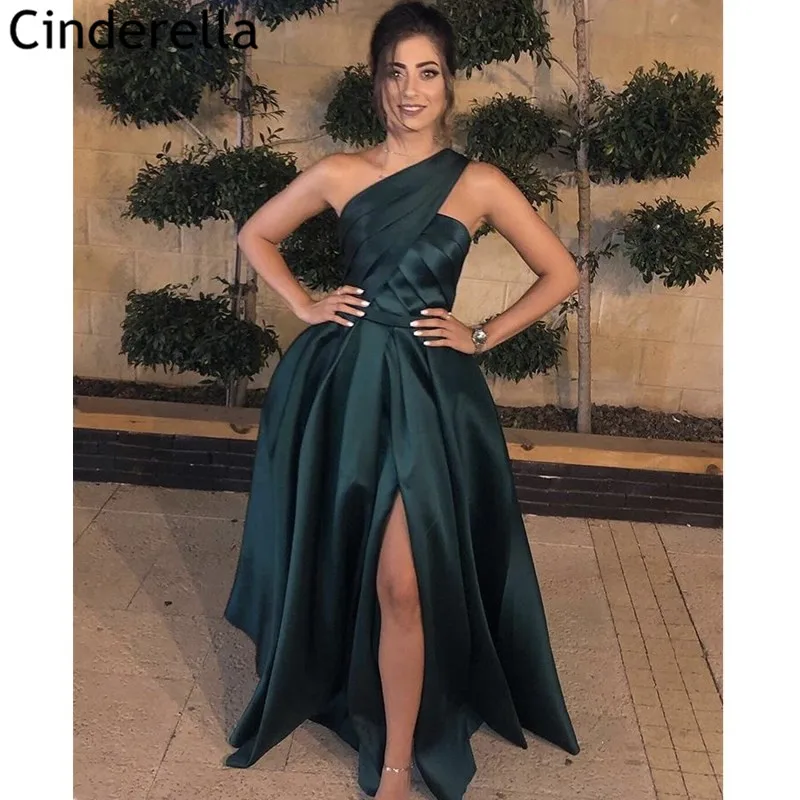 

Pink Prom Dresses robe de soiree Simple Elegant One Shoulder A-Line Sweep Train Satin Prom Dresses vestidos de fiesta de noche