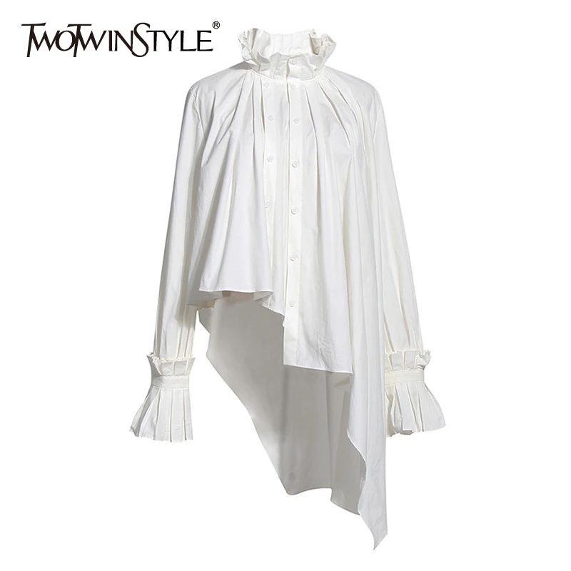 

TWOTWINSTYLE Vintage Asymmetrical Women Blouse Stand Collar Flare Long Sleeve Irregulaer Hem Ruched Ruffles Shirt For Female New