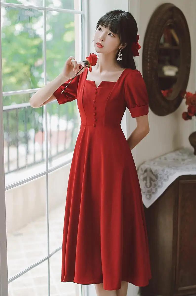 

COIGARSAM French Style Women One-Piece Dress Korean Dresses Dark Green White Red Black 9837B