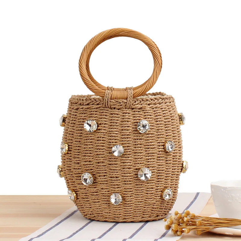 

New Cylinder Hand-carrying Straw Woven Bag Japanese and Korean Bucket Hand-woven Bag Seaside Vacation Leisure Bag