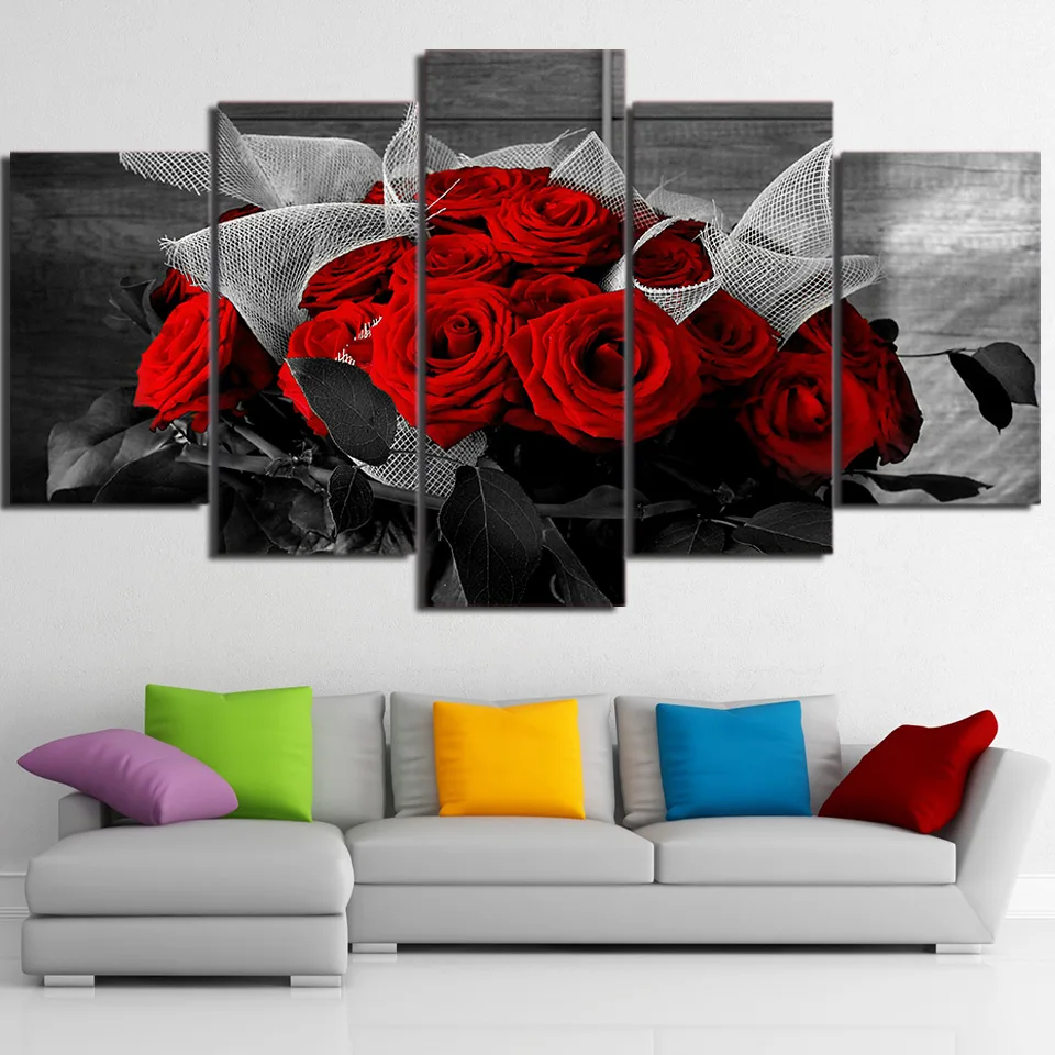 

Home Decoration Canvas Painting 5 Pieces Flower HD Prints Rose Wall Art Plant Modular Living Room Pictures Frame Artwork Poster