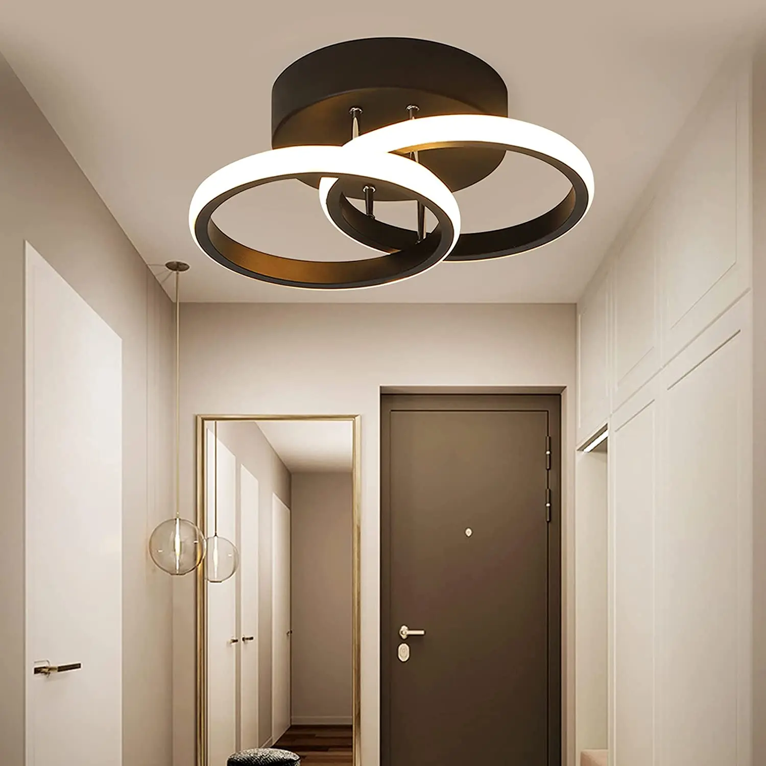 

Современный черный акриловый светодиодный потолочный светильник oukчистка, двойные круглые кольца, теплый светильник для прихожей, столово...