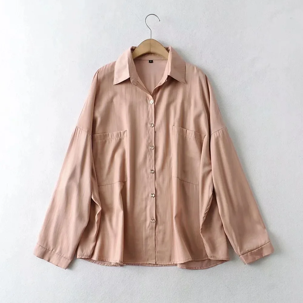 

TVVOVVIN Simple Female Casual Shirt Long Sleeve Lapel Loose All-match Single Breasted Large Pocket Blouse UDKI