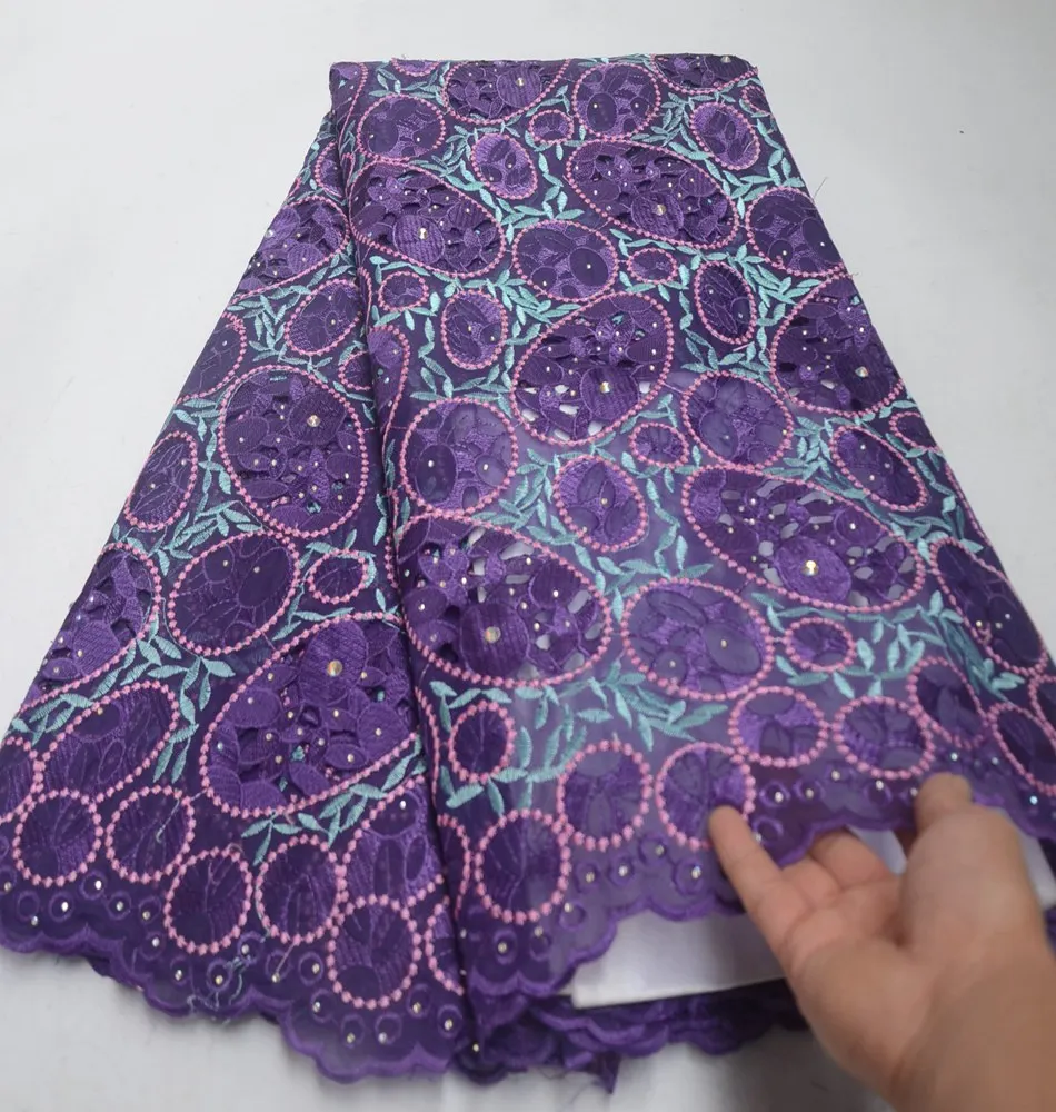 

Most popular purple color African double organza lace fabric Handcut Nigeria garment sewing lace fabric with lots of stone ML825