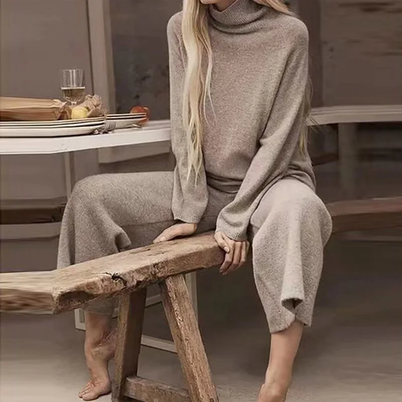 

2022 Winter Solid Knitted Two Piece Set Women Warm Turtleneck Pullover Tops +Wide Leg Pant Outfits Casual Long Sleeve Loose Suit