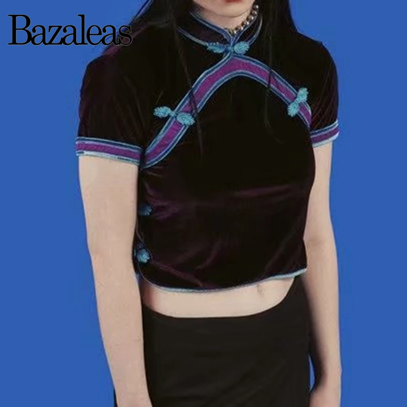 Bazaleas уличная черная бархатная рубашка с коротким рукавом модная синяя Лоскутная