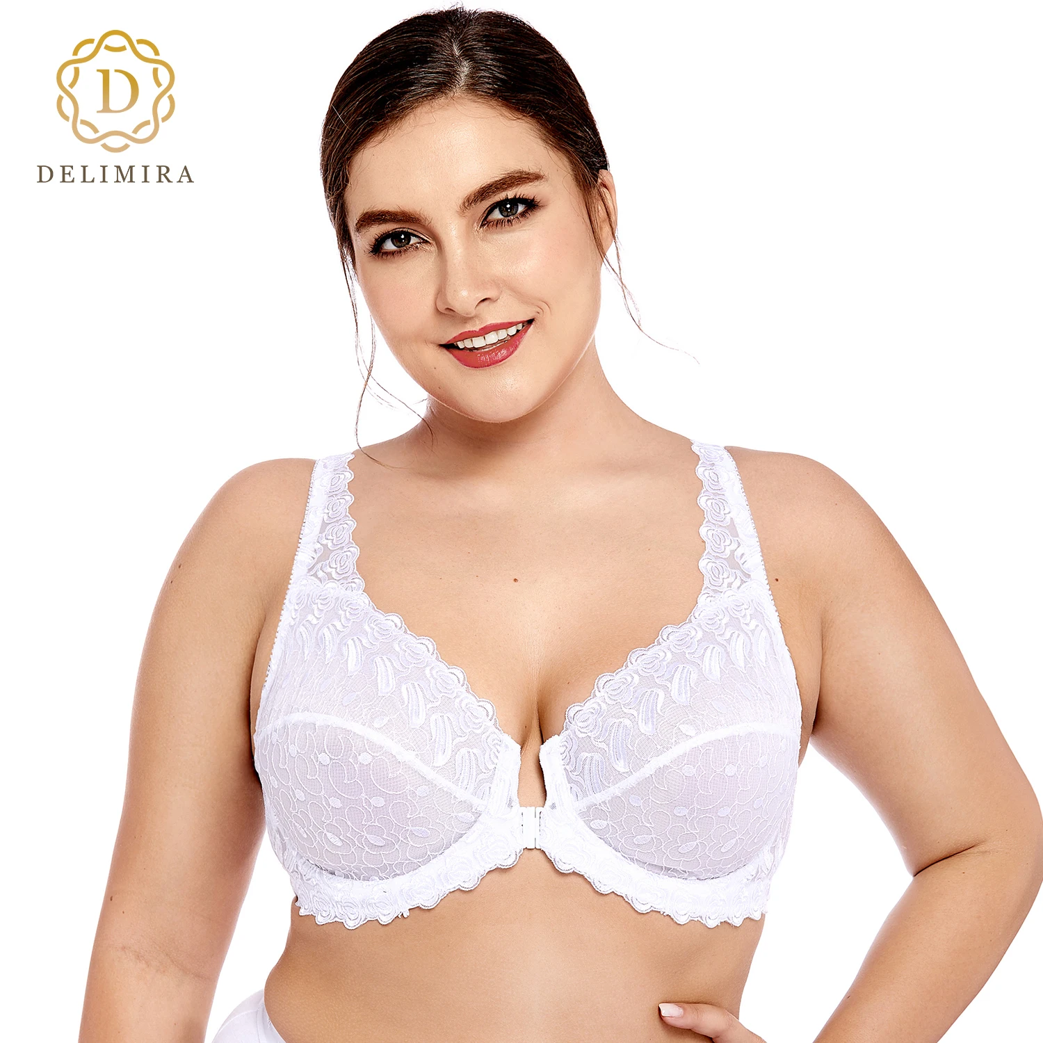 

Delimira Women's Plus Size Full Coverage Support Unlined Embroidered Front Close Underwired Lace Bra